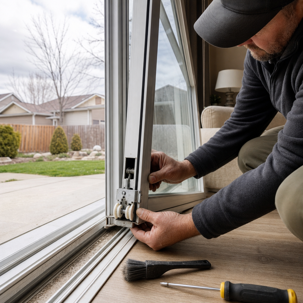 Technician replacing rollers and cleaning the track on a sliding glass patio door in a St. Louis home