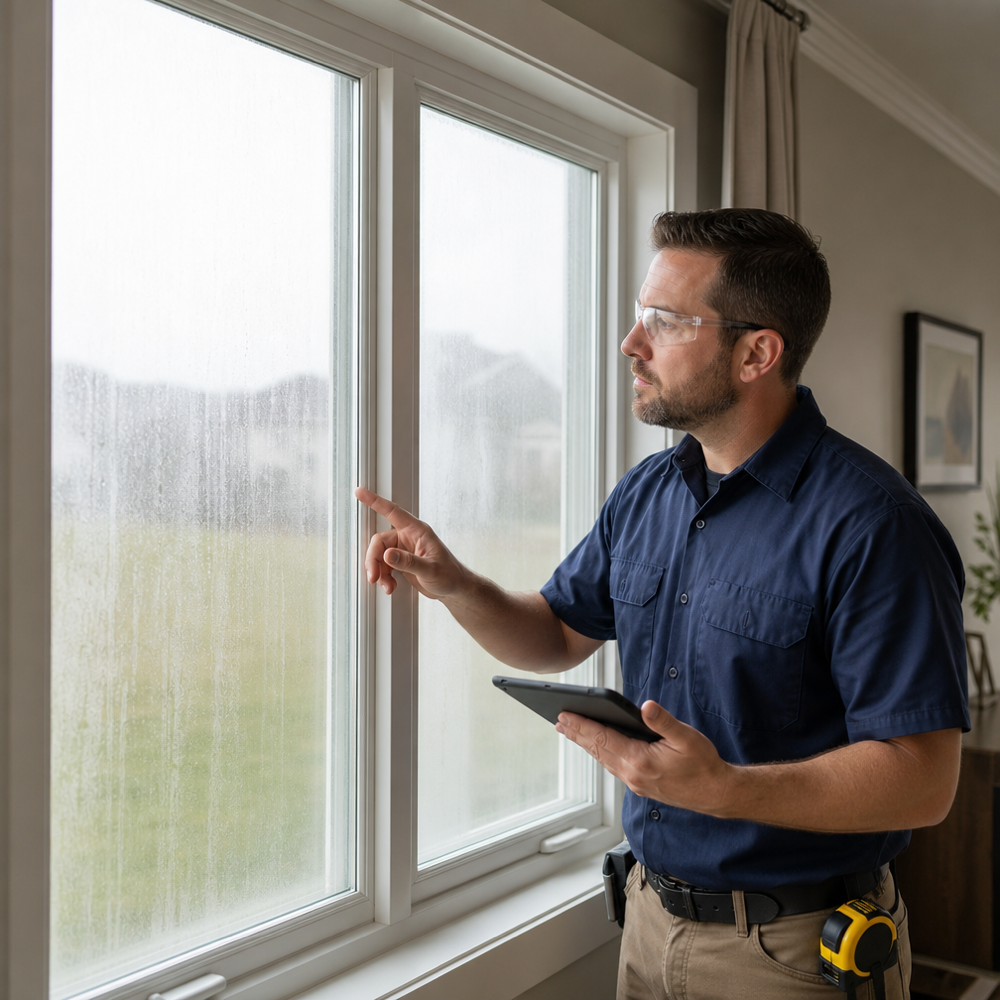 Window technician inspecting a fogged double-pane window to recommend insulated glass replacement in a St. Louis home.