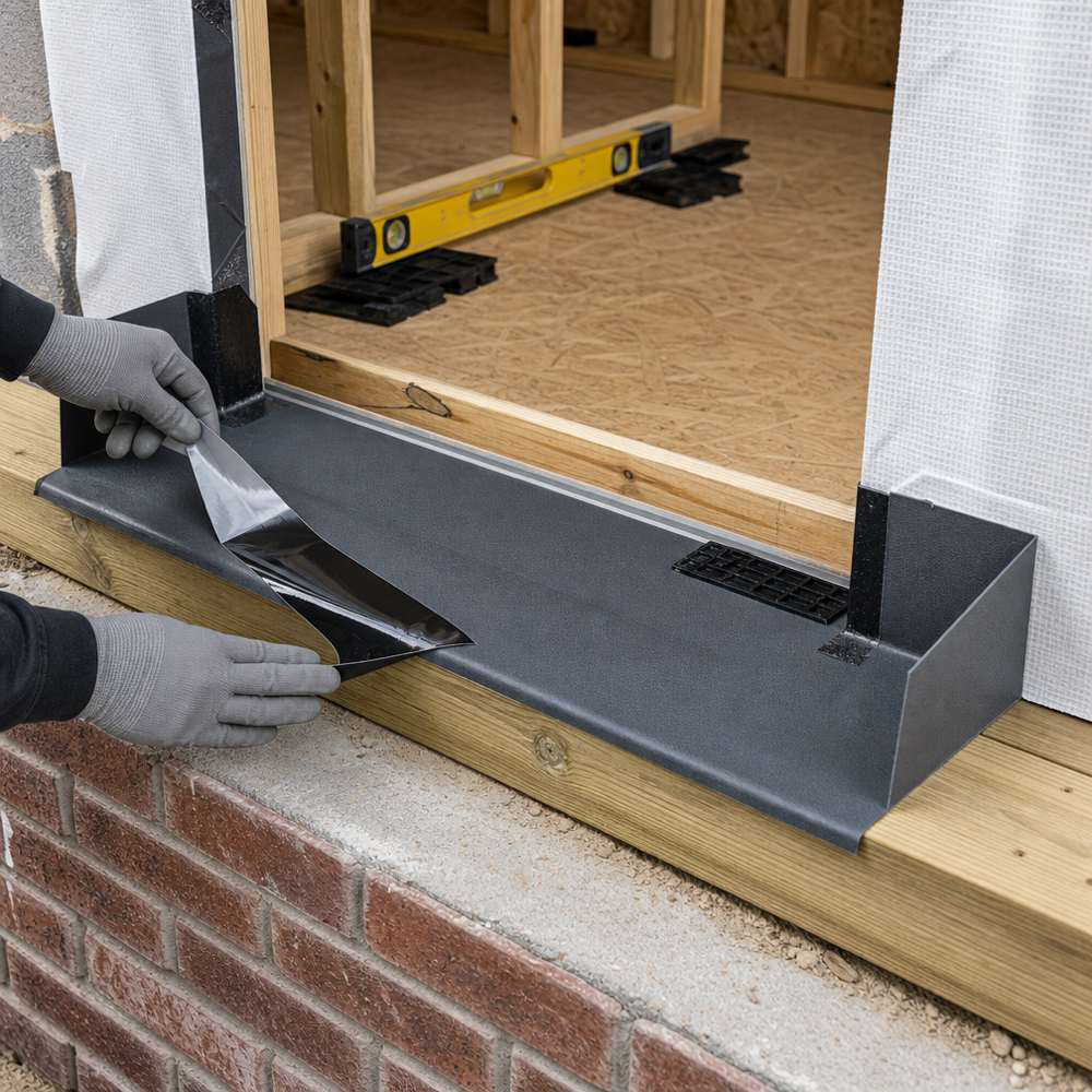 Installer forming a sill pan with self‑adhered flashing at a patio door opening during French door replacement