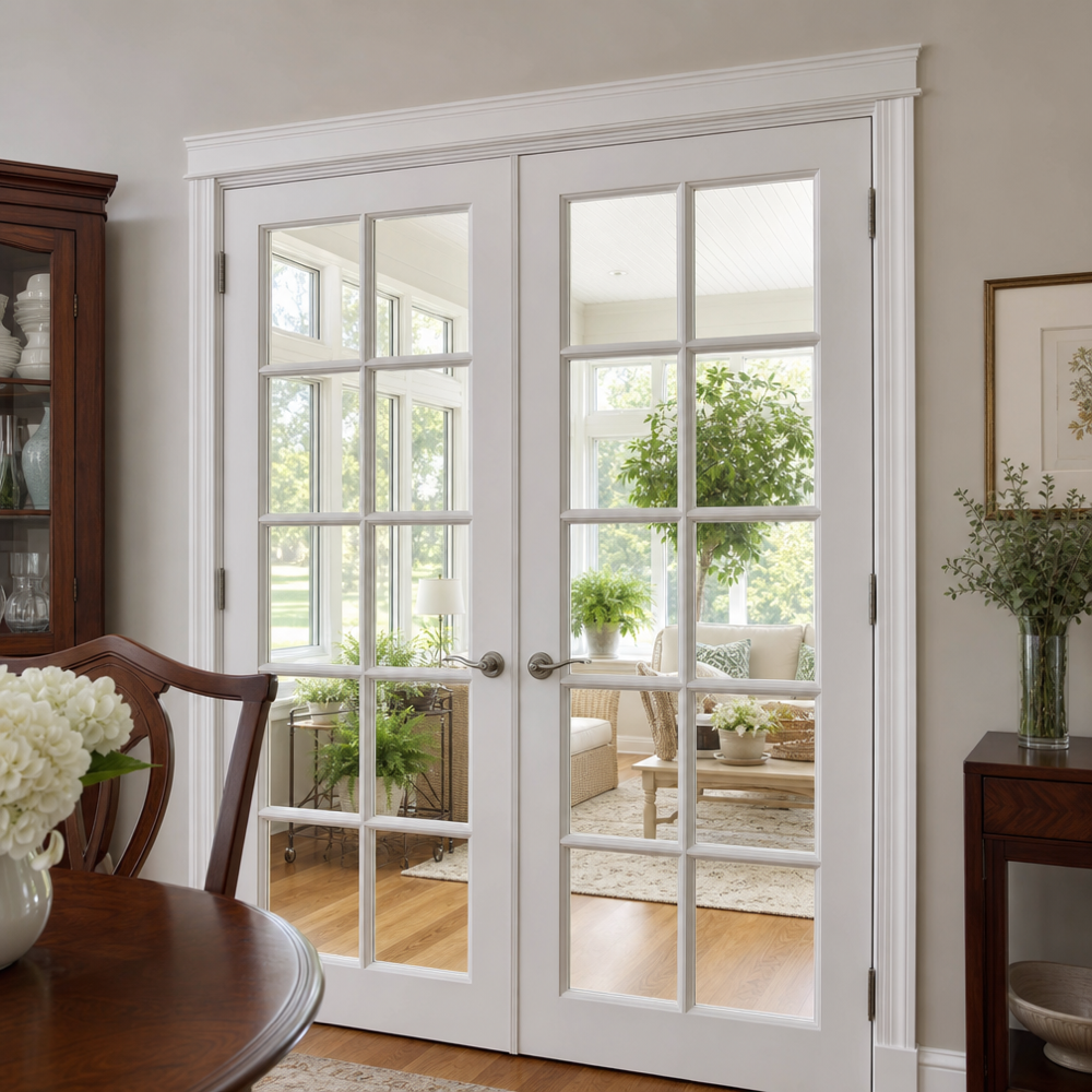 White interior French doors with clear glass panes separating a dining room and bright sunroom