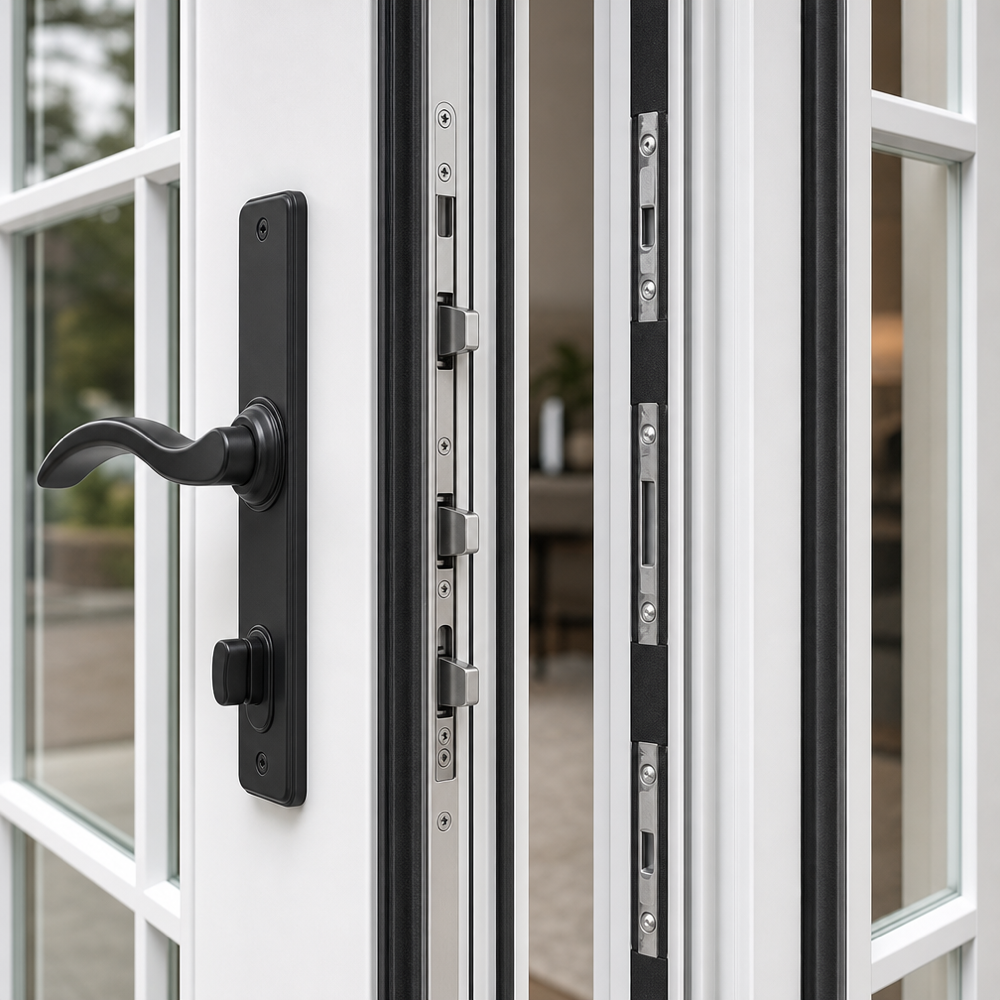 Close‑up of multi‑point lock and reinforced astragal on hinged French patio doors with matte black hardware