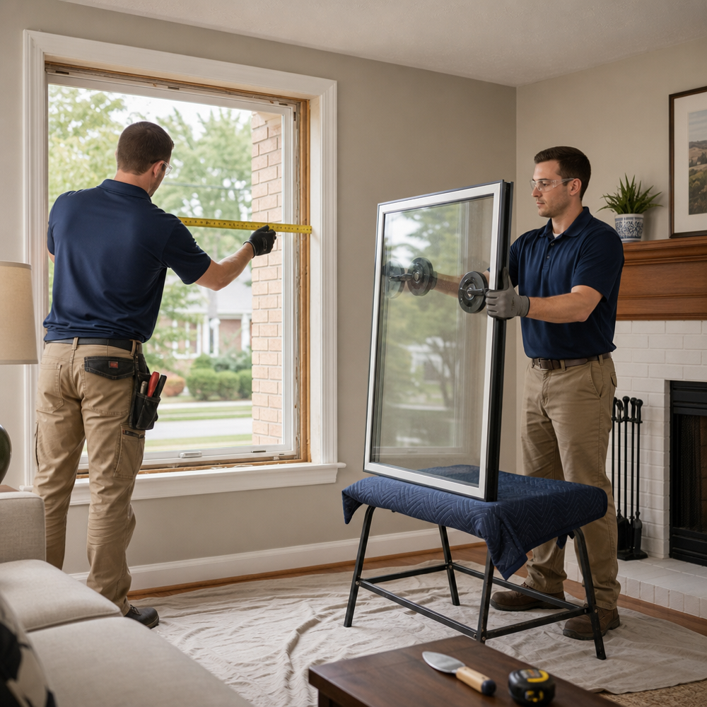 Technician measuring a vinyl double-hung window opening for insulated glass replacement in a St. Louis home living room, with the new glass unit on a padded stand.