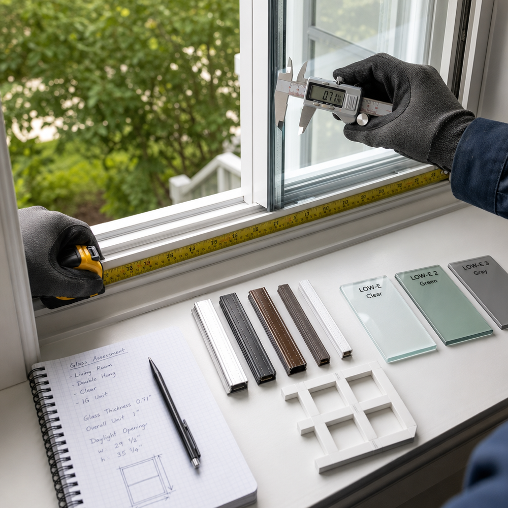 Close-up of a window sill during assessment with a digital caliper measuring glass thickness, a tape measure at the sash opening, and spacer, grid, and Low-E sample cards laid out.
