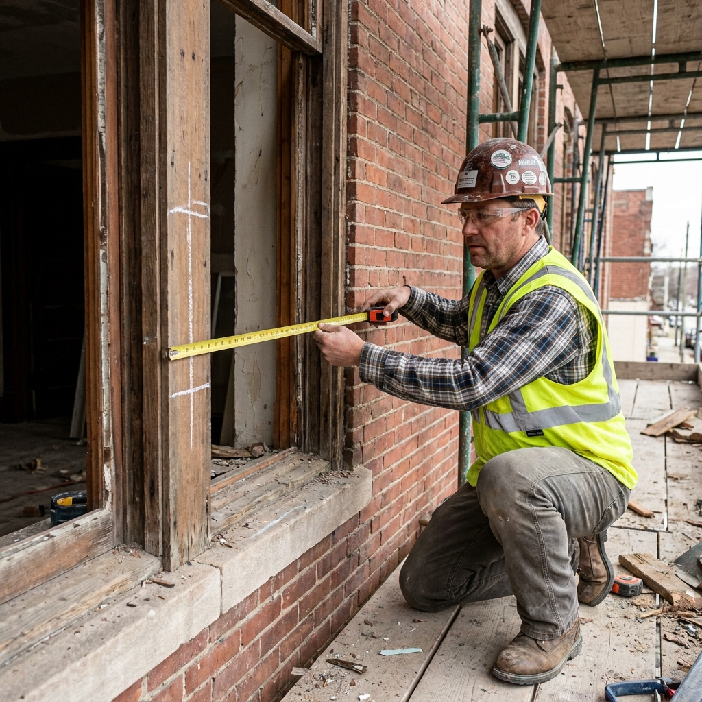construction worker measuring window frame for enlargement