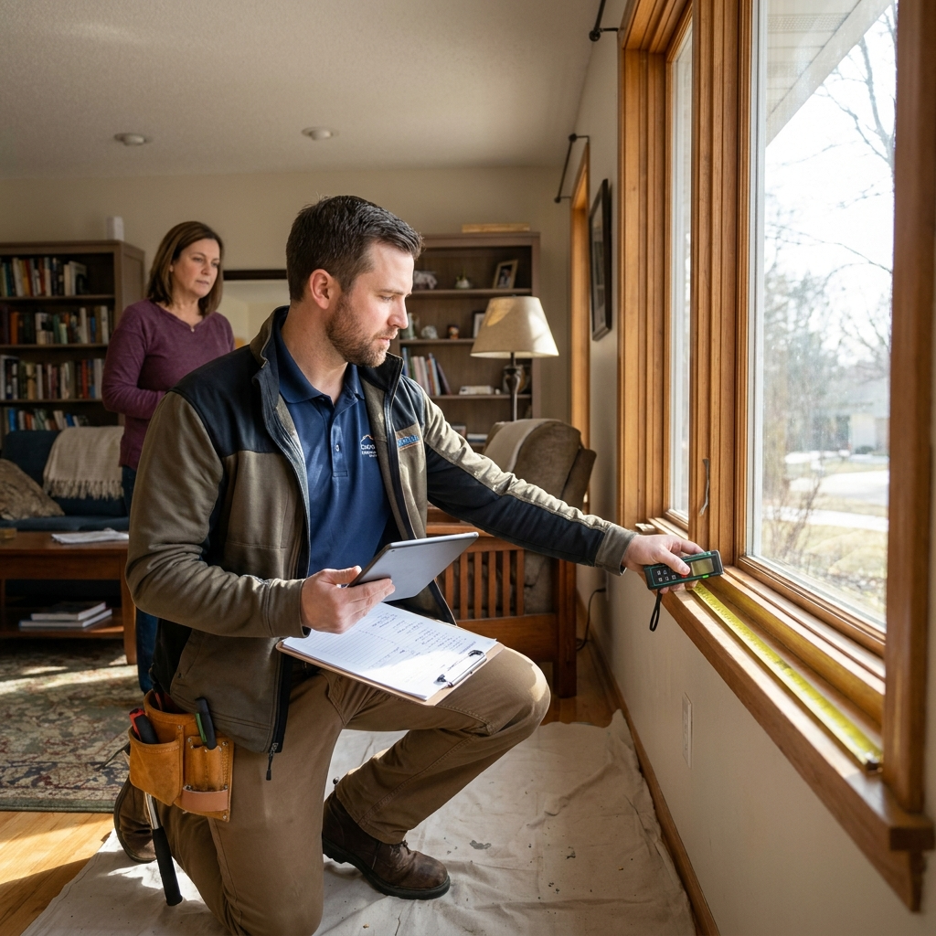 Professional measuring a window for replacement installation