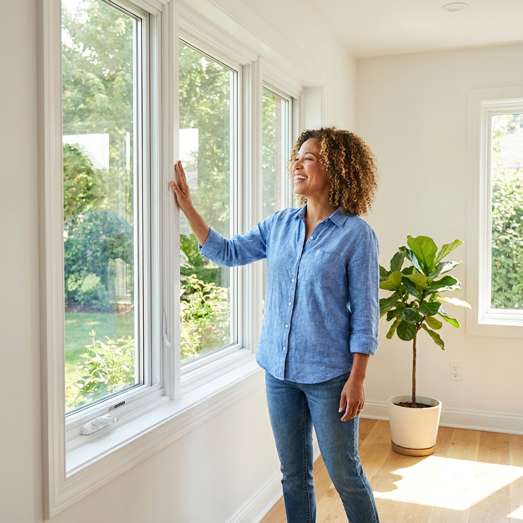 happy homeowner inspecting newly installed window, clean and bright room