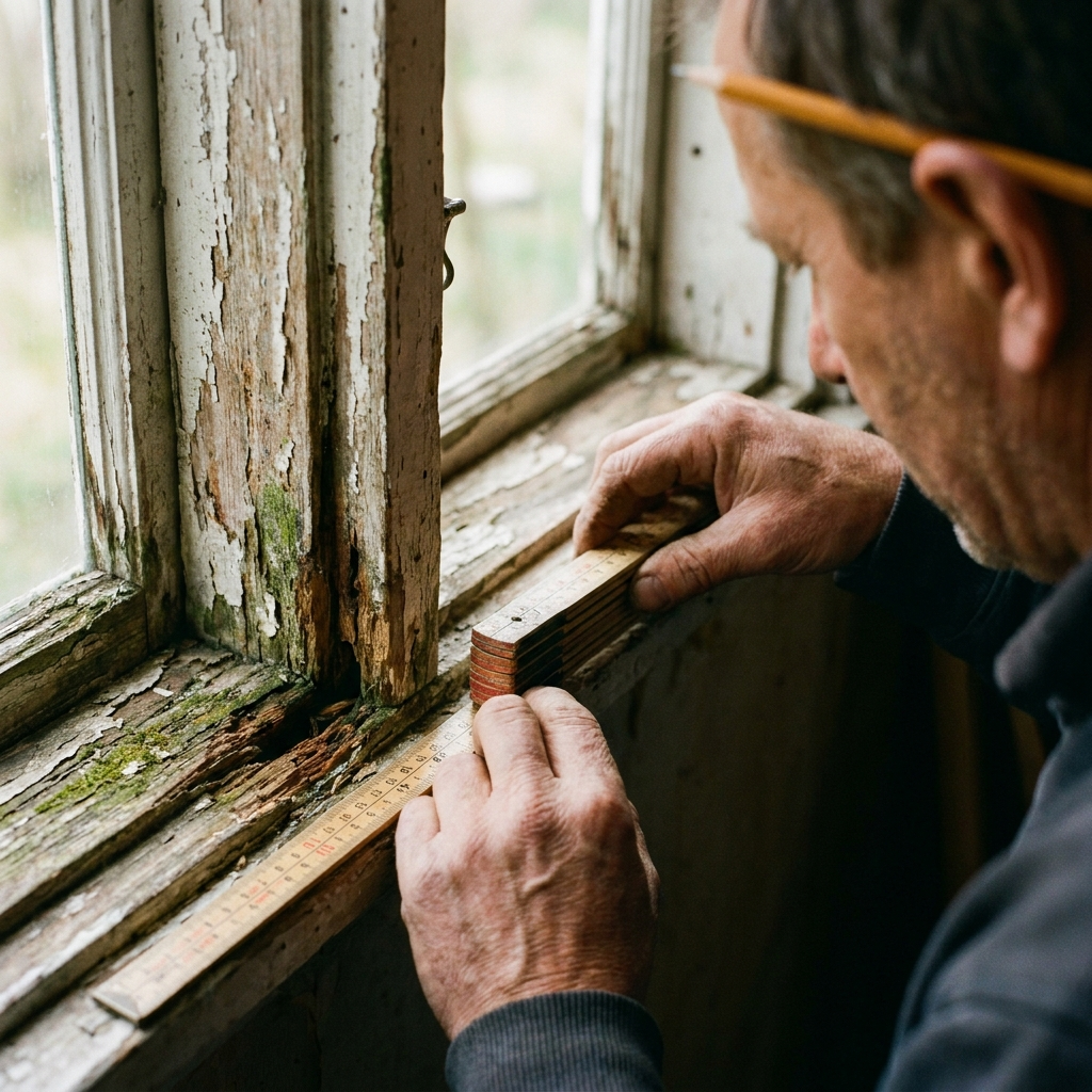 Close-up of an old wooden window frame being measured by a professional