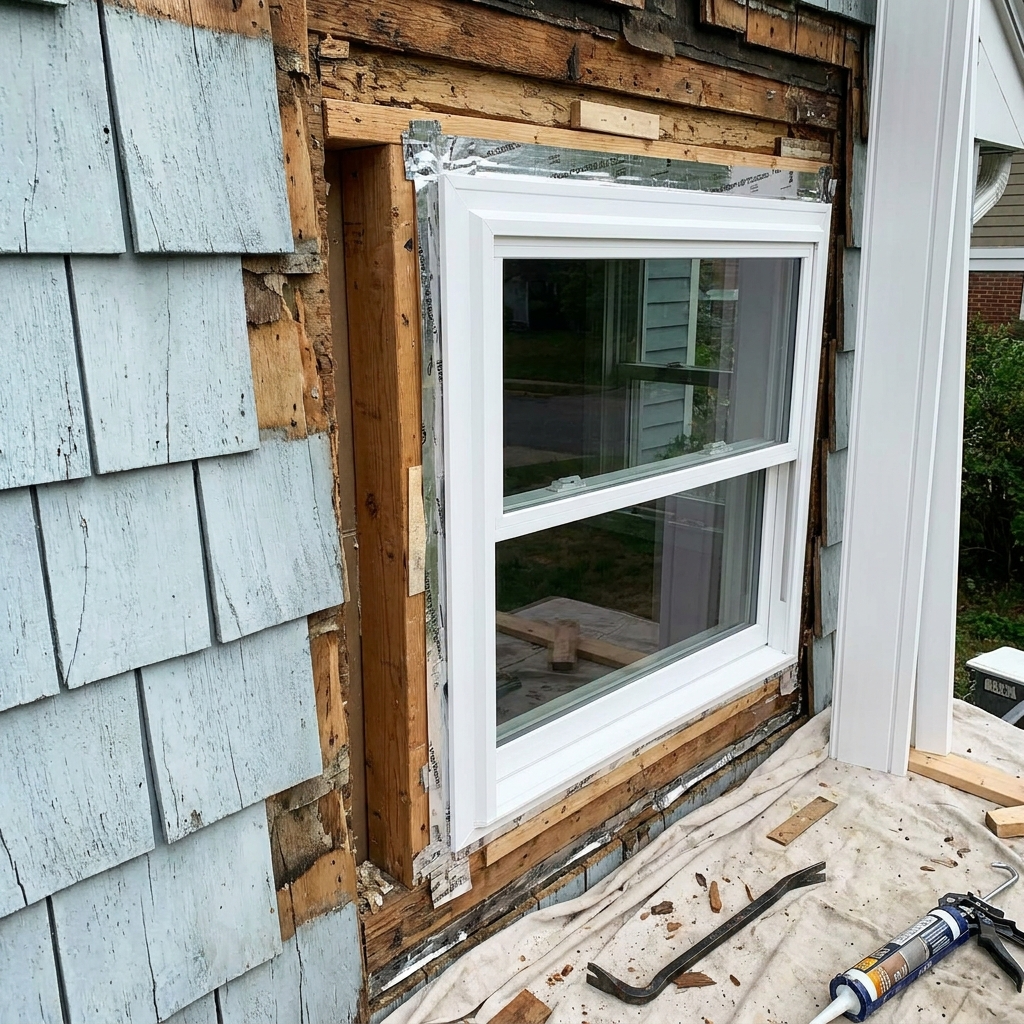 close up of house window replacement showing siding and trim