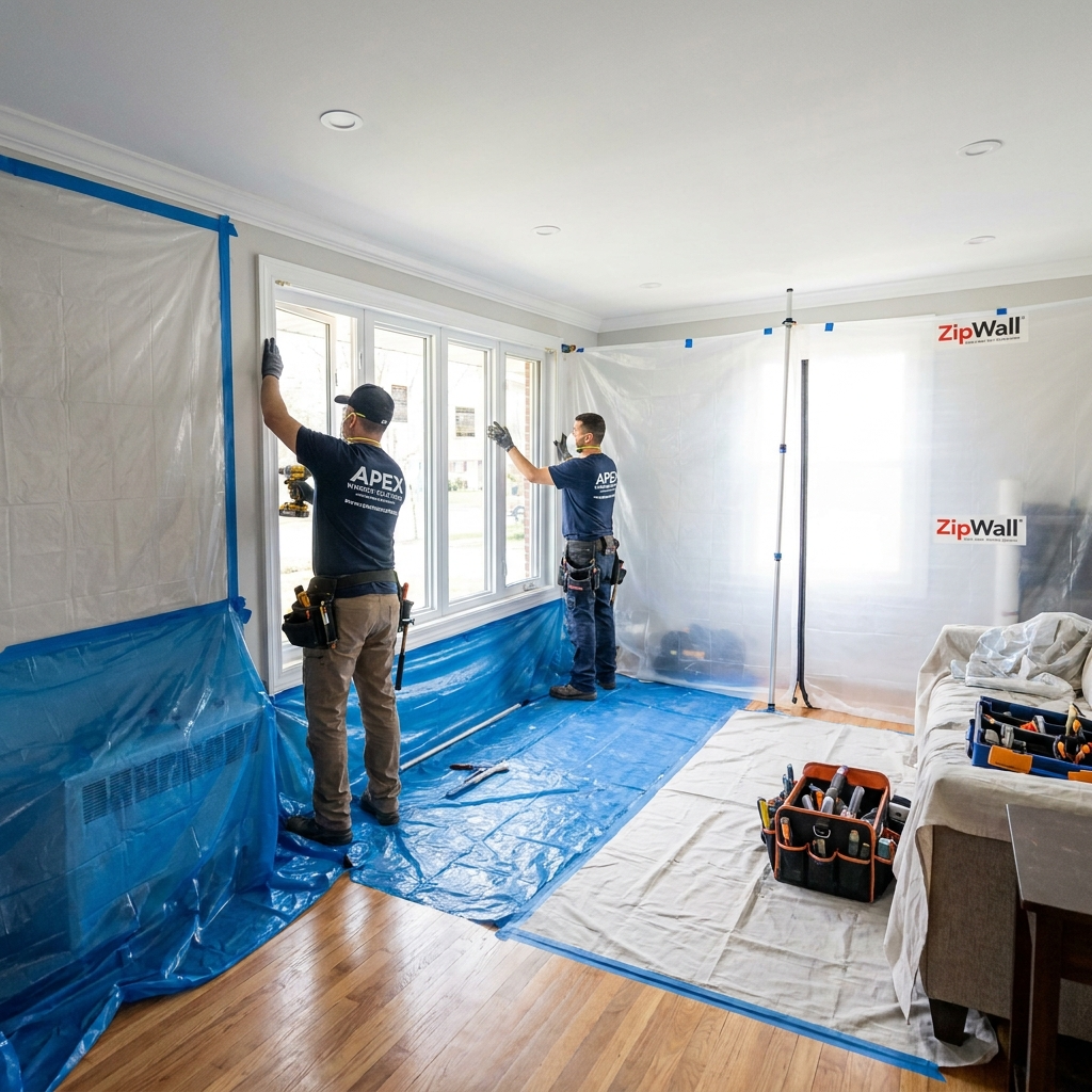 professional window installation with protective coverings inside home