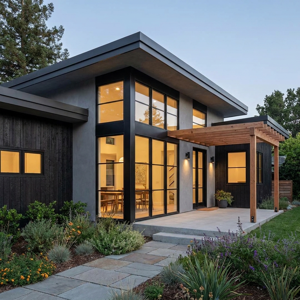 modern home exterior with large replaced windows