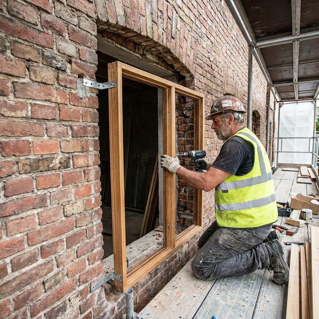 construction worker installing a window frame into an existing exterior wall