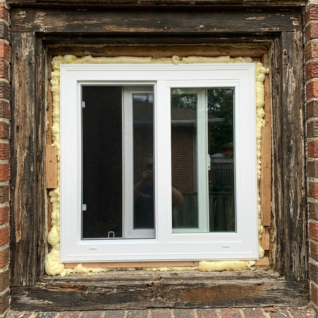 Close-up of a window installation showing gaps due to undersized replacement window