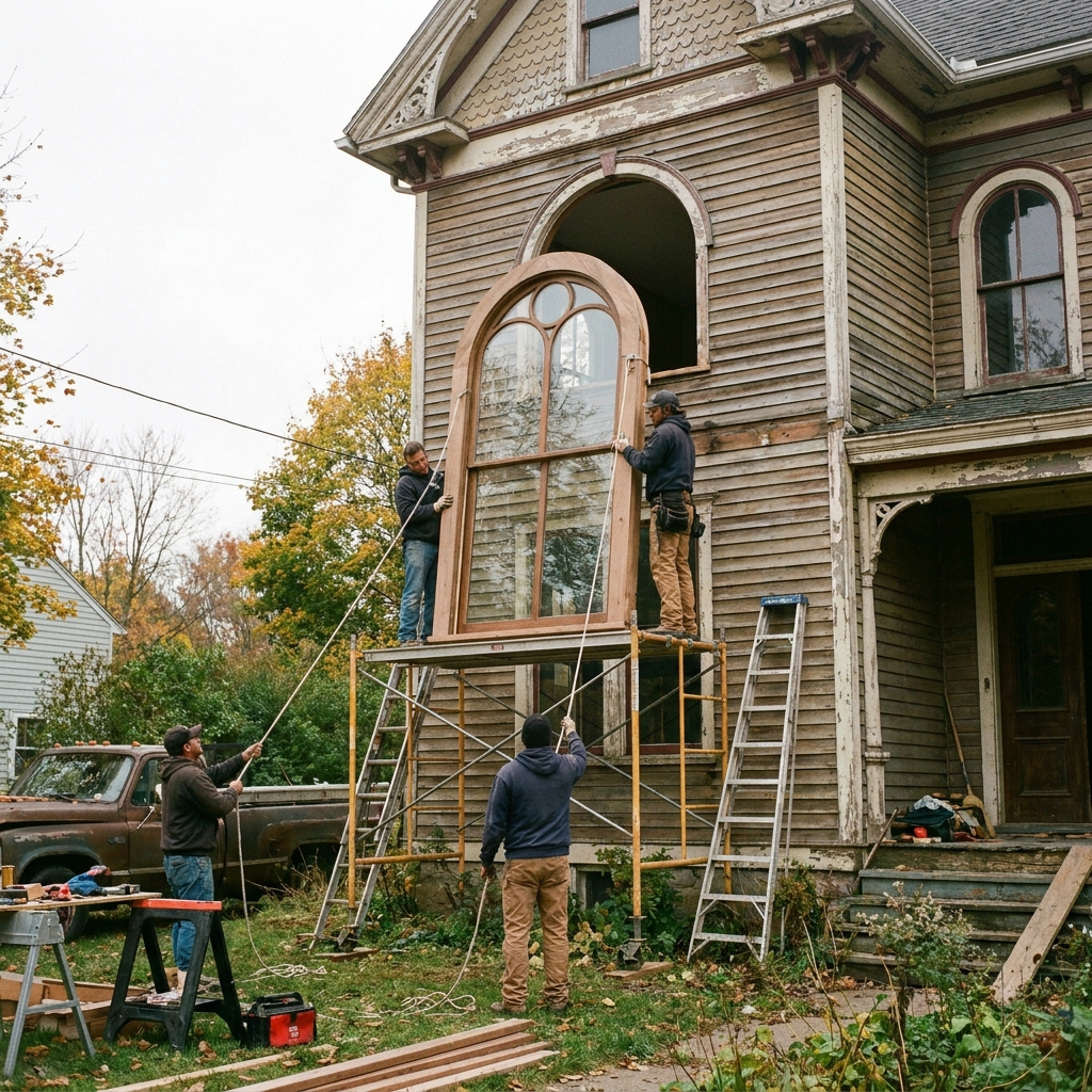 Installation of custom-sized window in a vintage home with workers outside