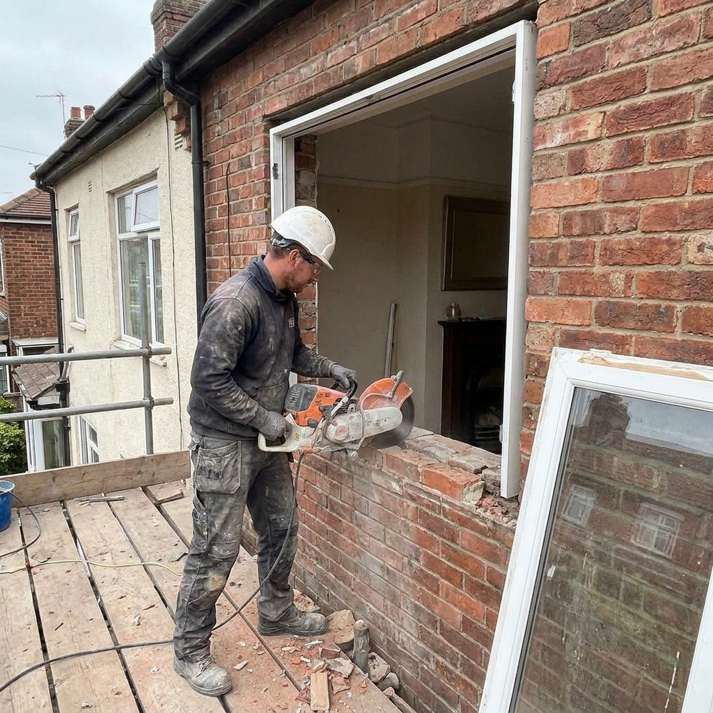 worker using tools to enlarge window in a house wall