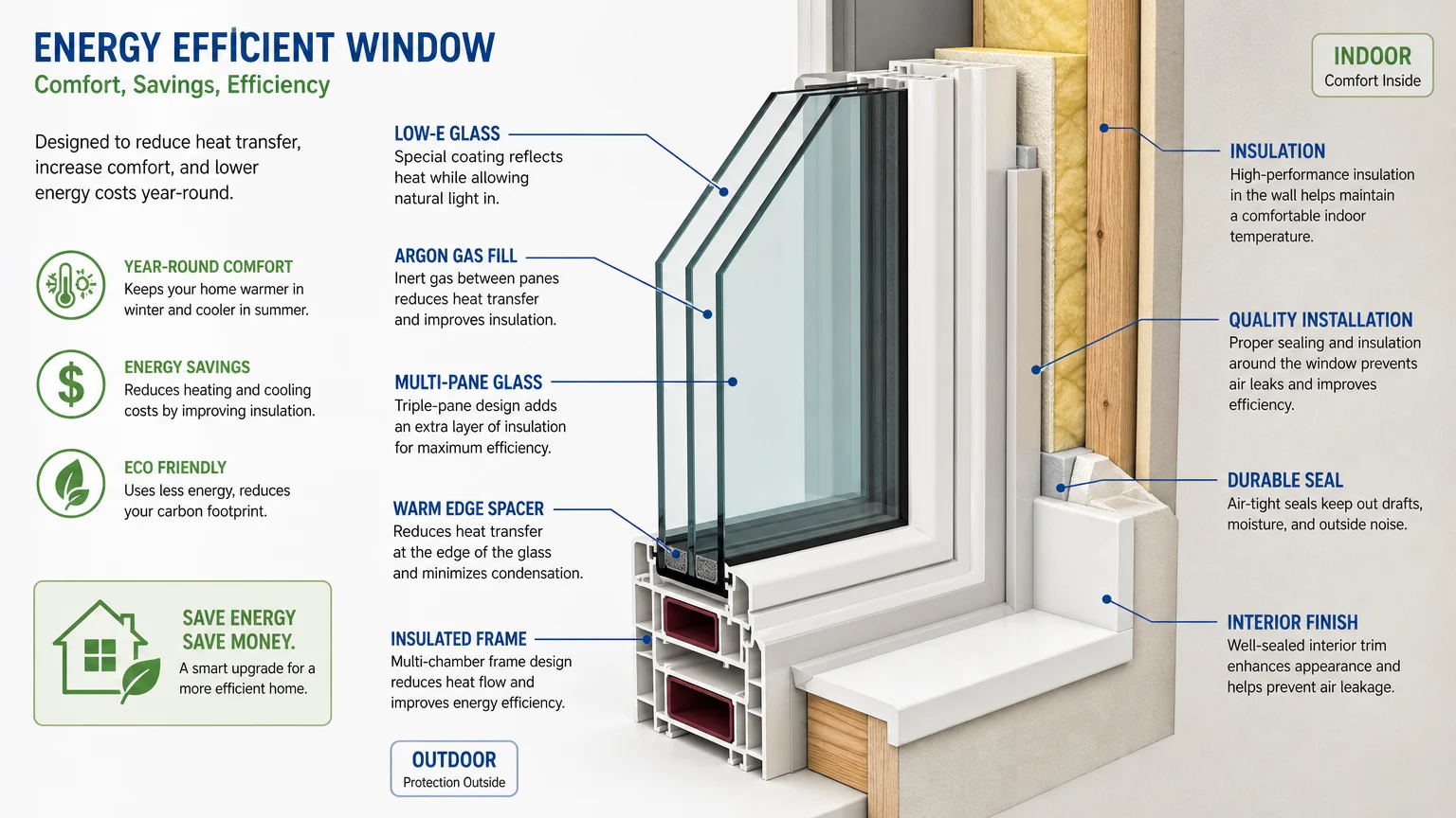 Energy efficient window with labels and insulation