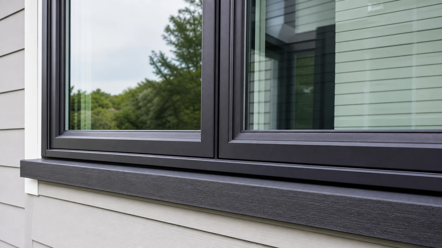 High resolution close-up image of modern replacement window installed on home exterior, showcasing frame and glass details in natural daylight, realistic style