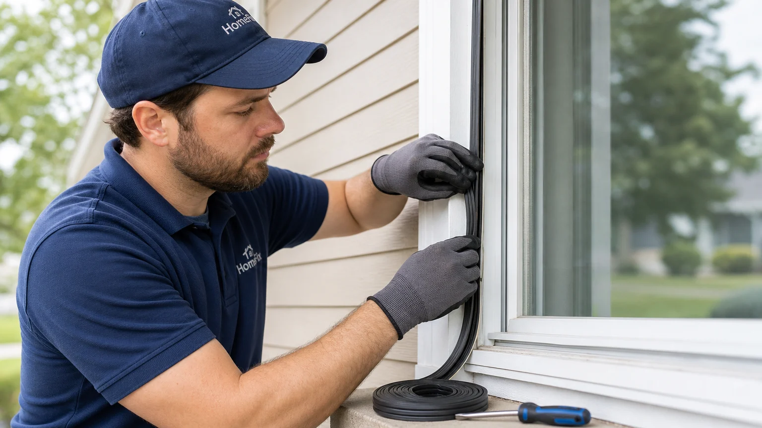 Technician repairing window weatherstripping