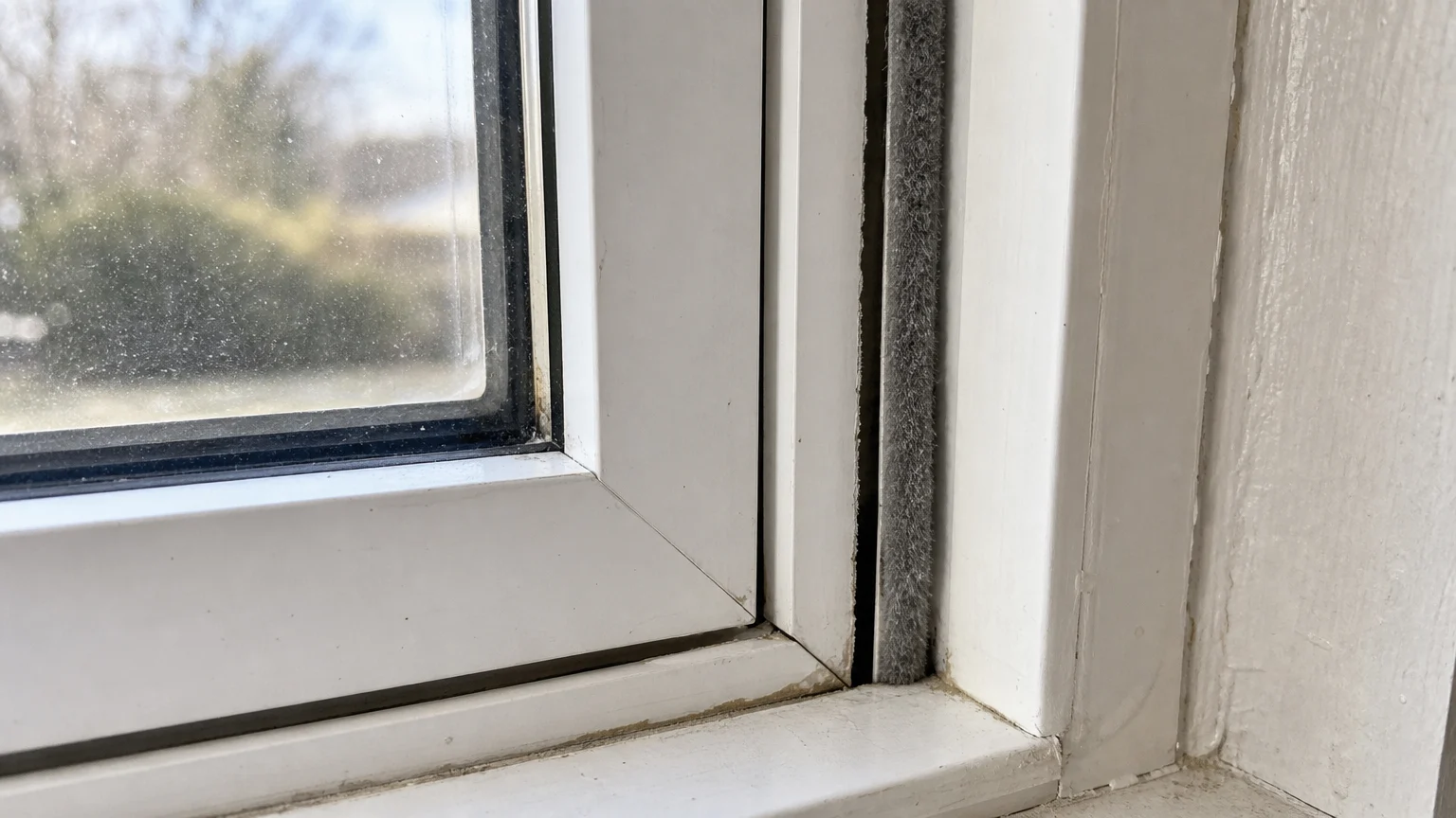 Close-up of window frame showing gaps and weatherstripping