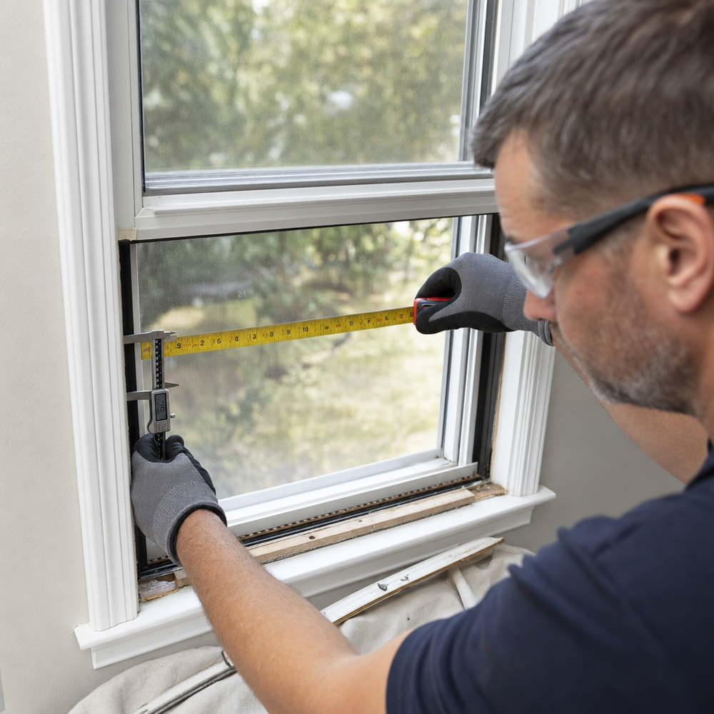 Technician measuring a double-pane insulated glass unit at a window sash with tape measure and digital calipers.