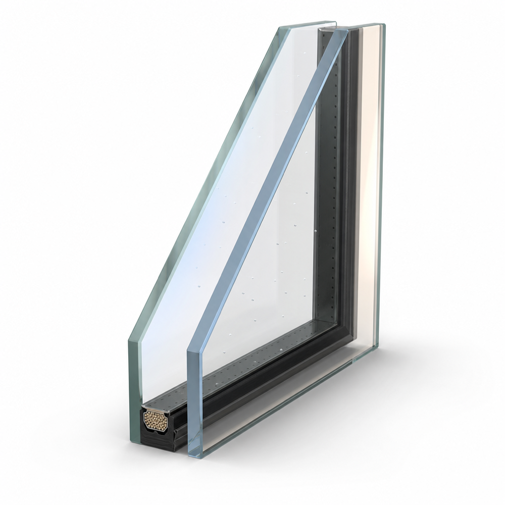 3D cutaway of a double‑pane insulated glass unit showing Low‑E coating on surface #2, optional room‑side coating on surface #4, argon gas fill, and a warm‑edge spacer.