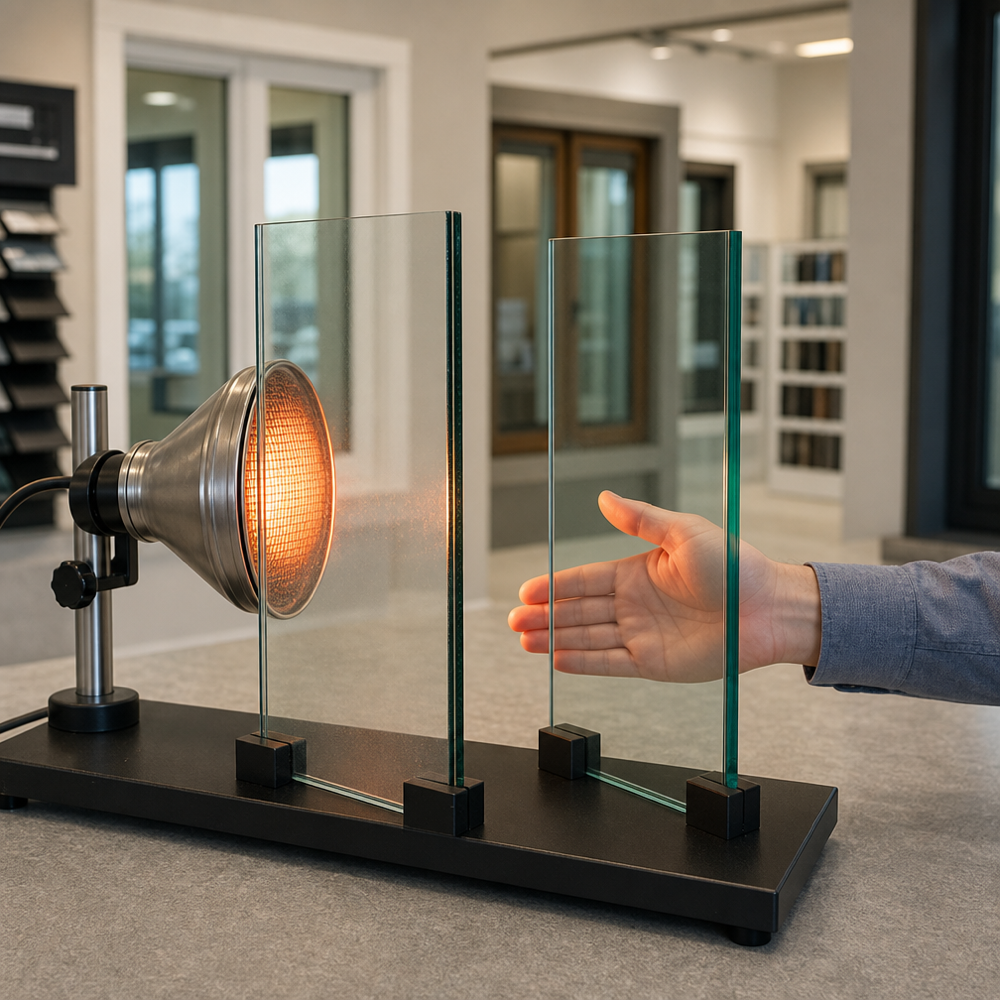 Heat‑lamp demo in a window showroom comparing clear glass to Low‑E glass, with a hand feeling noticeably less heat behind the Low‑E sample.