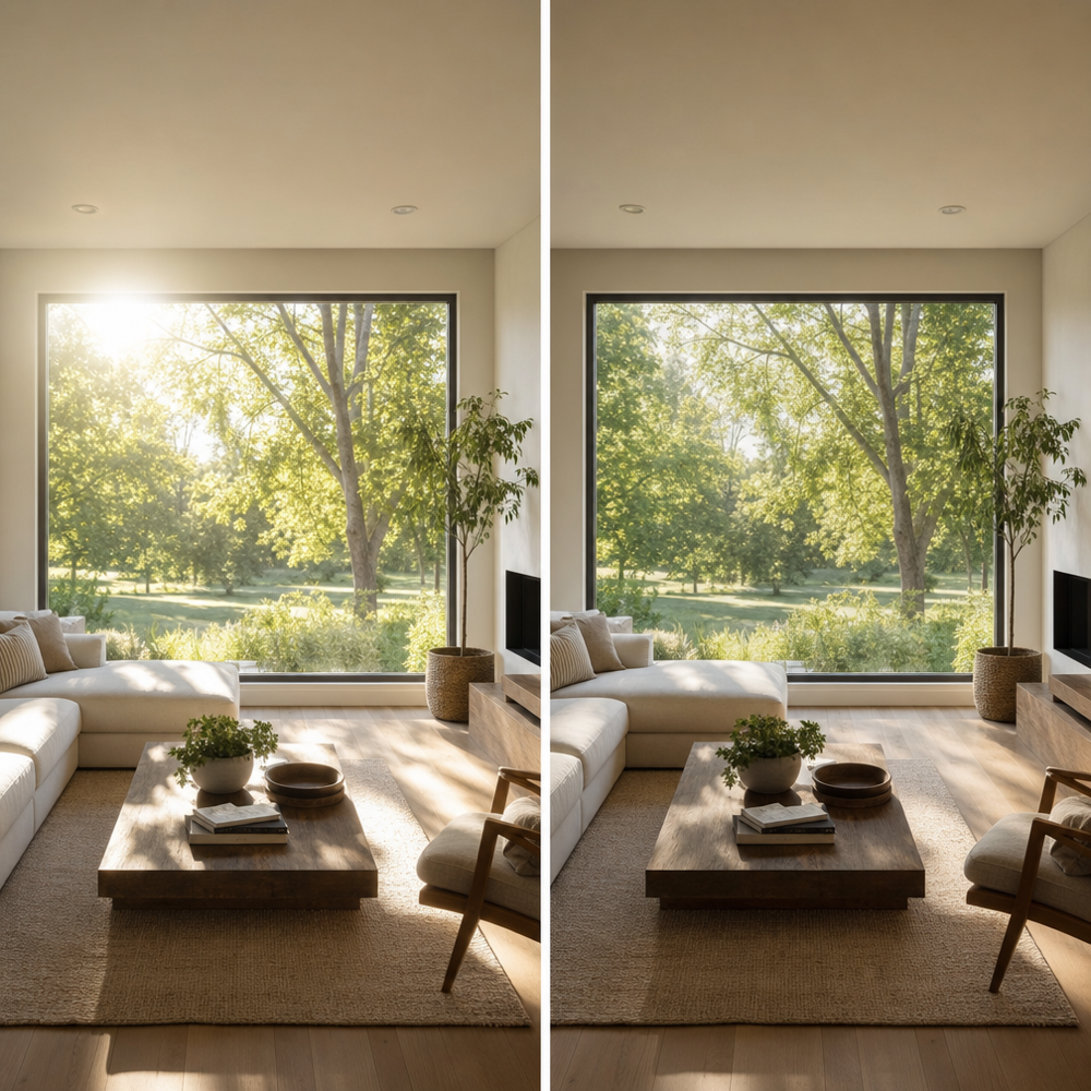 Side-by-side living room comparison showing harsh glare with clear glass on the left and softer, cooler light with Low‑E3 glass on the right.