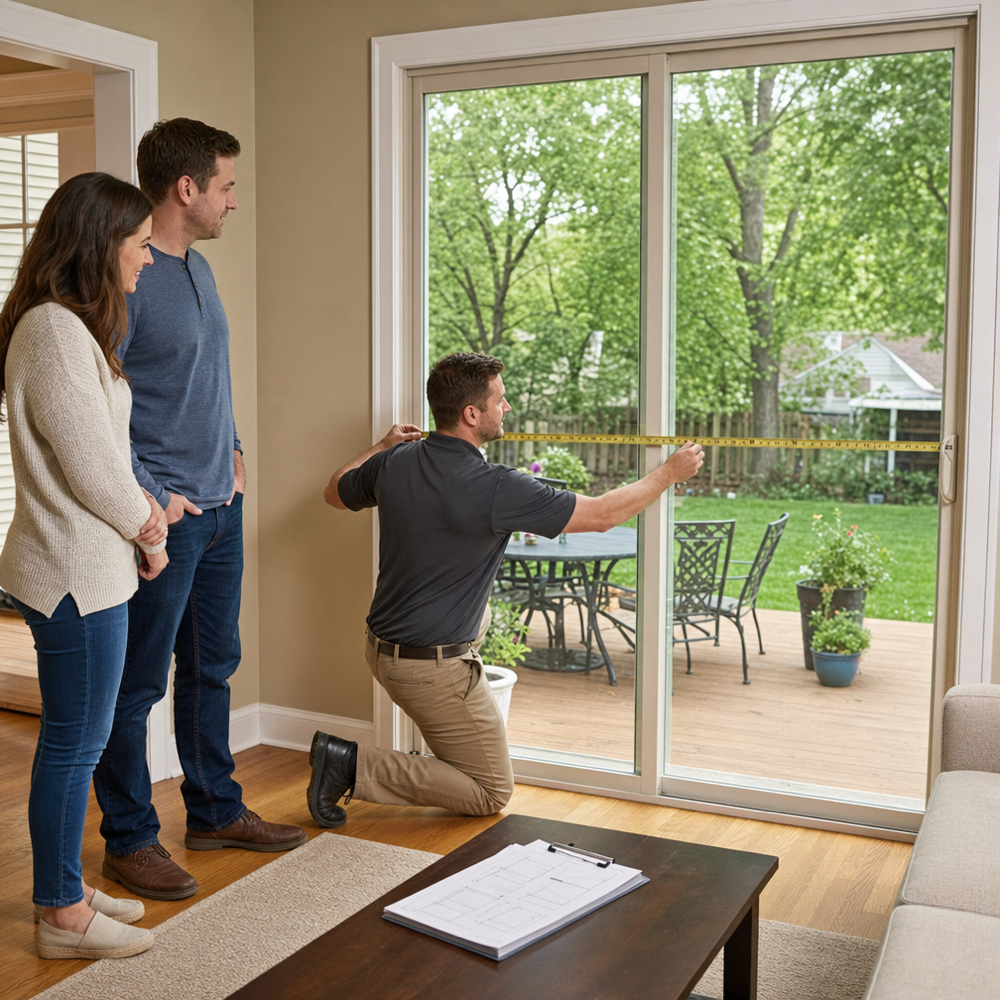 Technician measuring a sliding patio door opening in a St. Louis home during a no-pressure consultation.