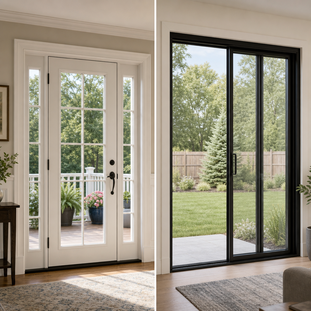 Side-by-side comparison: white French hinged patio doors with sidelites next to a black-frame 3-panel sliding patio door leading to backyard decks.