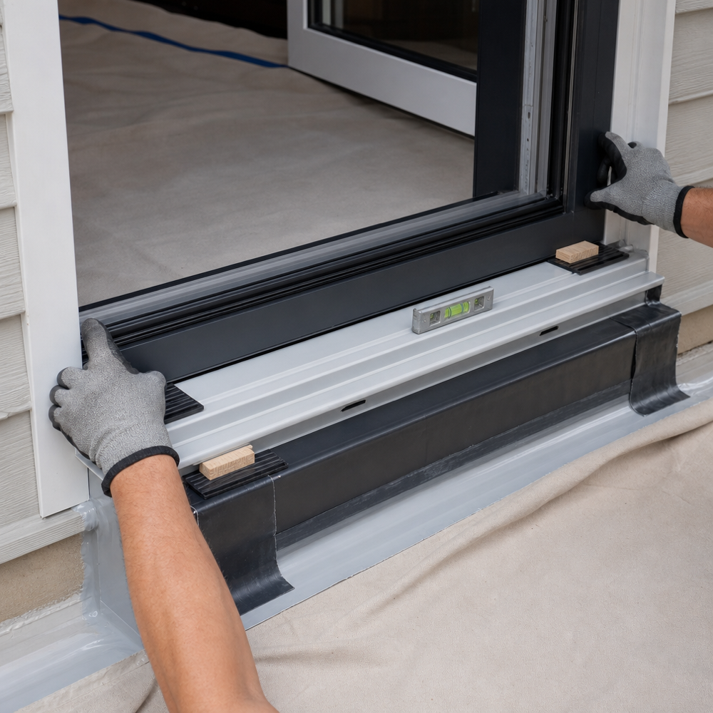 Close-up of a patio door threshold being installed with a sill pan, flashing tape, and shims, with an installer using a level for a watertight fit.