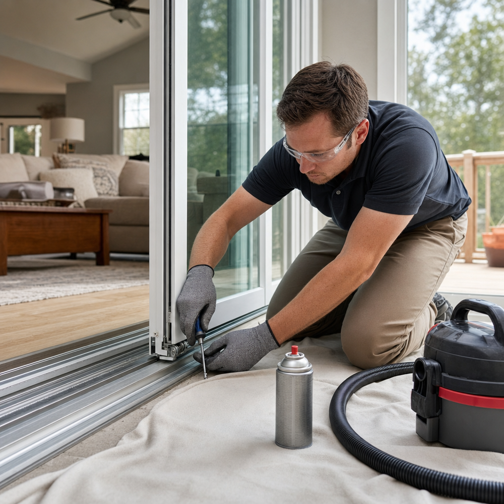 Technician replaces worn rollers on a sliding glass patio door track in a St. Louis home