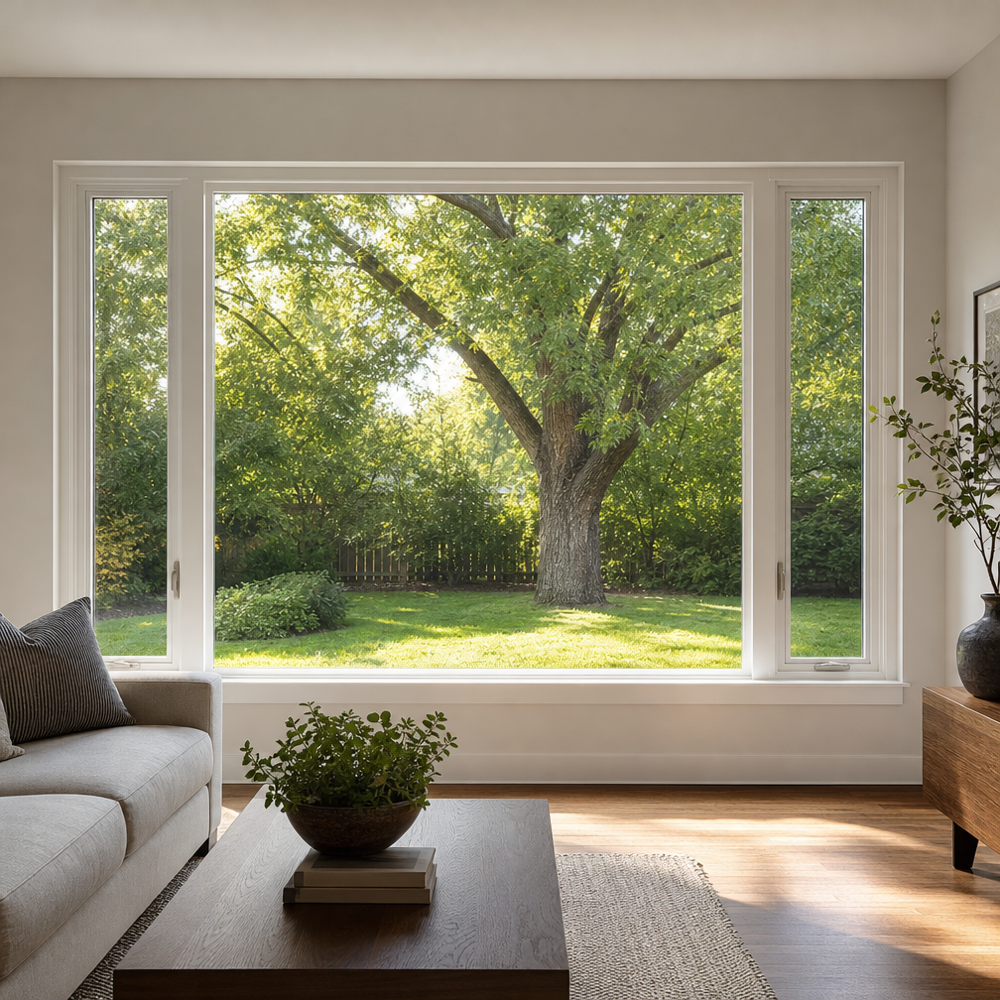 Large fixed picture window with flanking casement windows brightening a St. Louis living room, white interior vinyl frames and clear backyard view