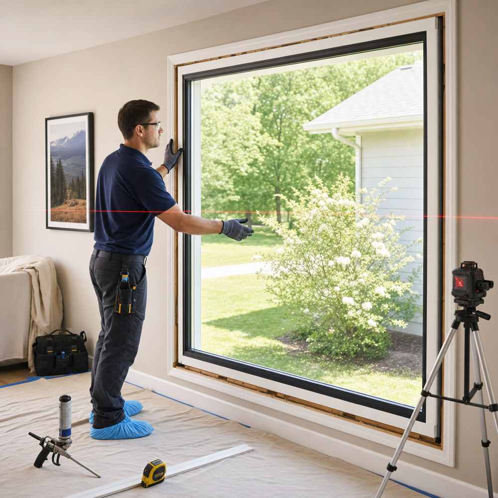 Installer with shoe covers and laser level setting a large picture window from inside a St. Louis home with floors protected by drop cloths