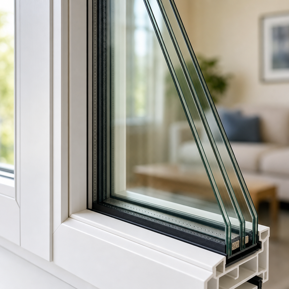 Close-up of insulated glass edge with warm-edge spacer in a vinyl picture window, showing Low-E coated multi-pane construction