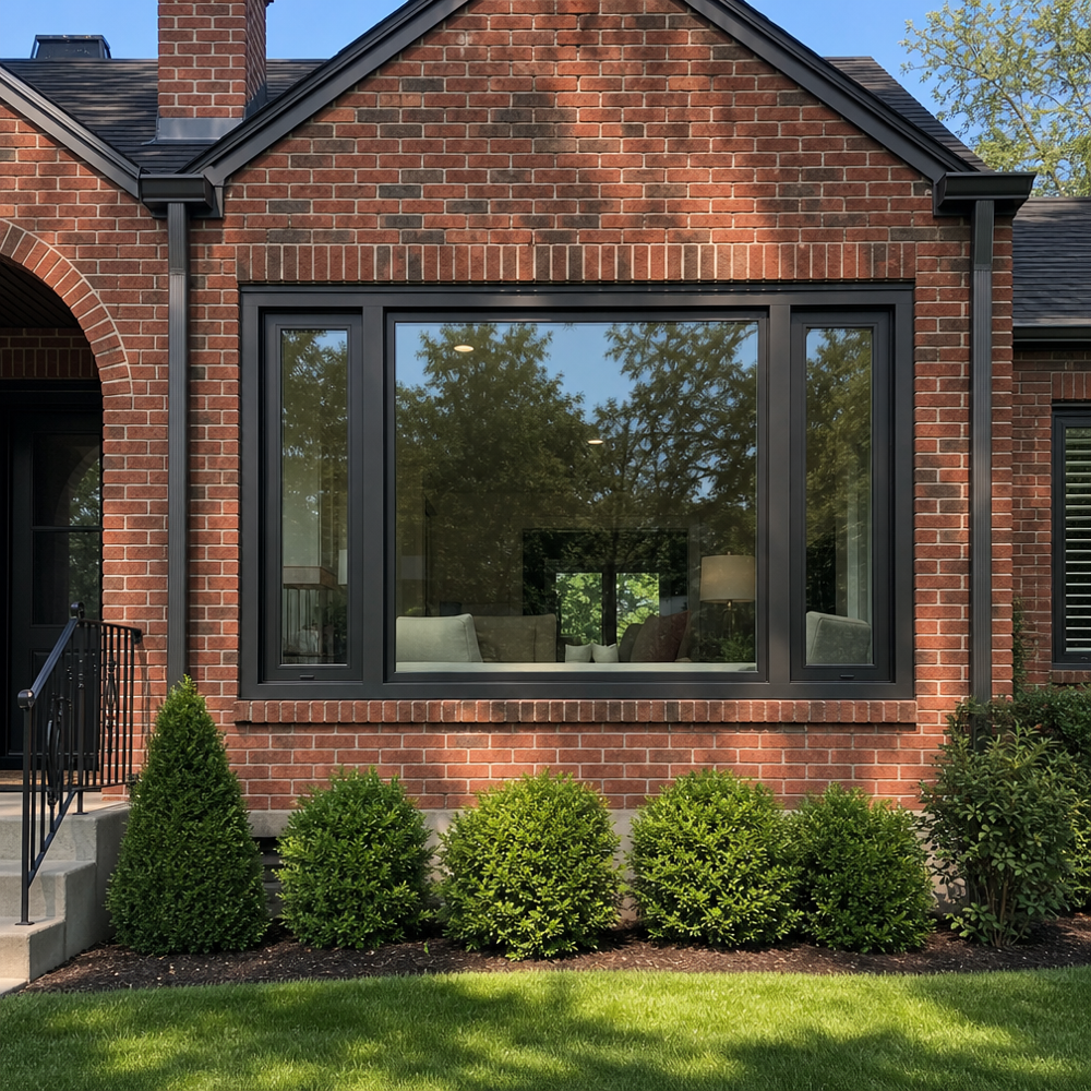 Exterior view of a brick home with a large center picture window and flanking casements, dark frames and clean aluminum capping in St. Louis