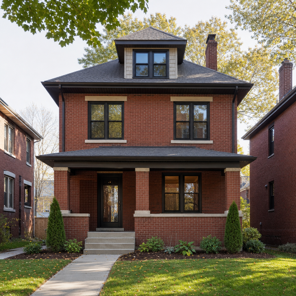 St. Louis brick home with newly installed black-framed double-hung replacement windows and refreshed trim