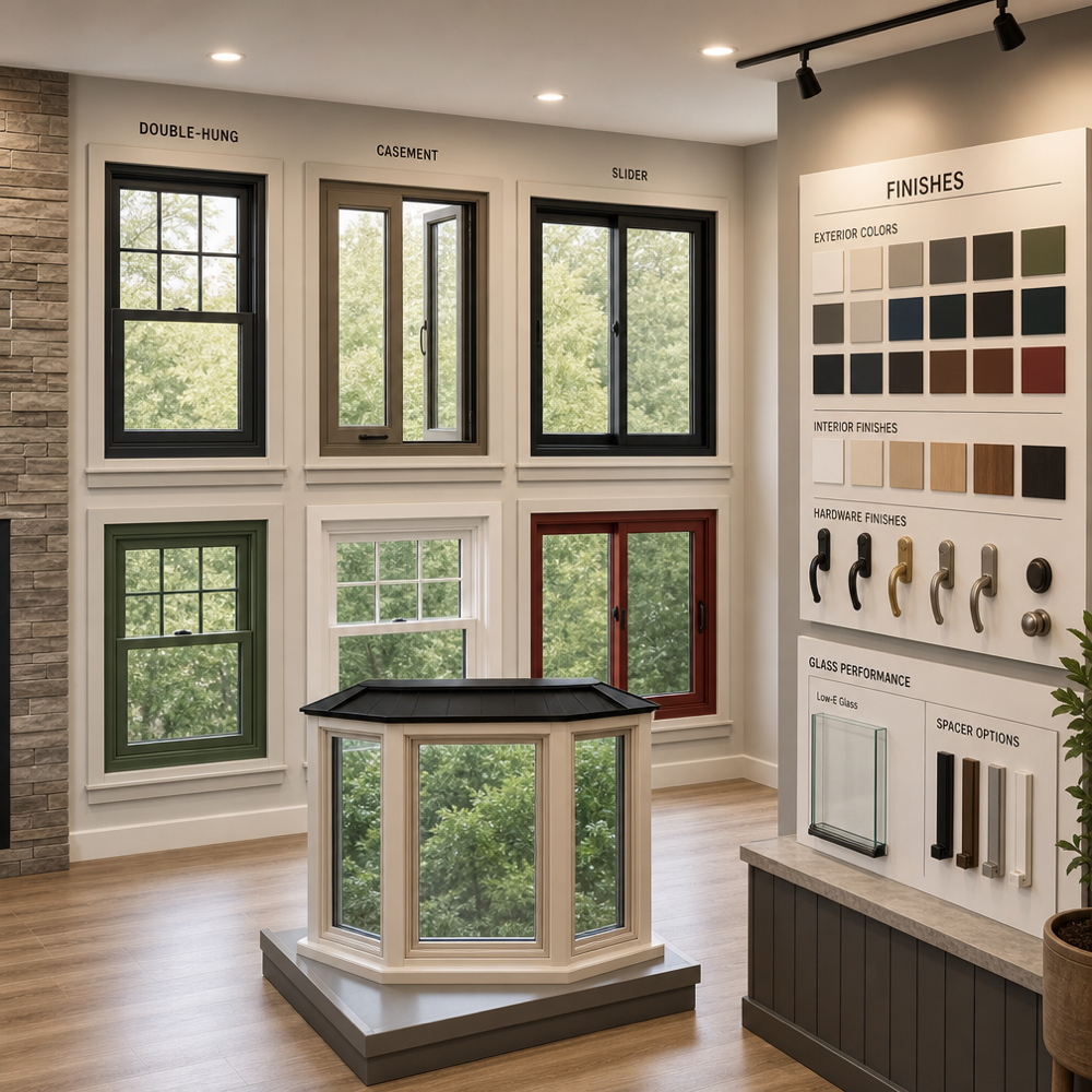 Window and door showroom with sample windows, color swatches, and glass options on display