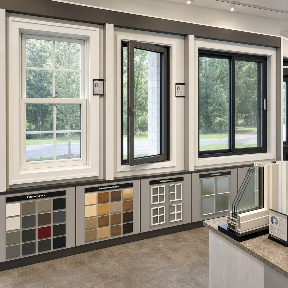 Window and door showroom display with double‑hung, casement, and slider windows plus color and glass samples