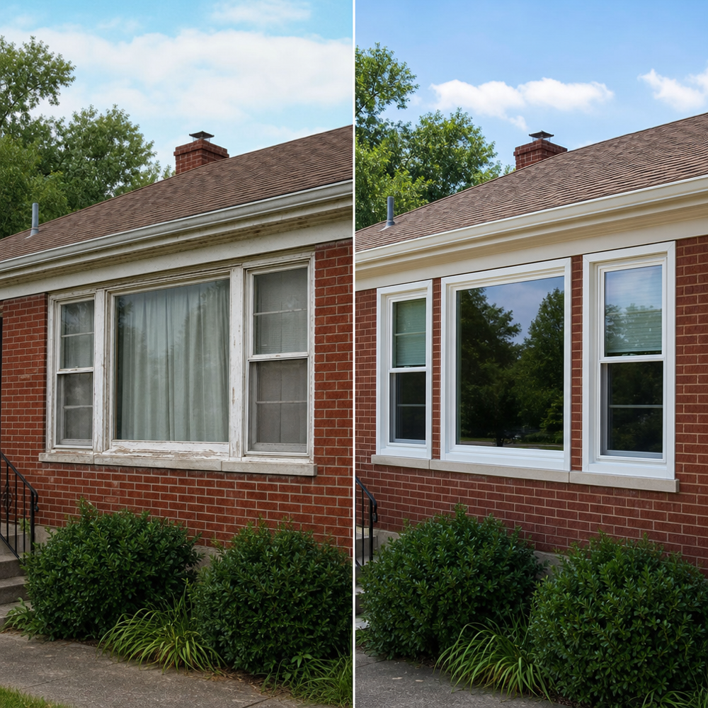 Before and after: St. Louis brick ranch with dated wood windows replaced by energy‑efficient vinyl double‑hung and picture windows