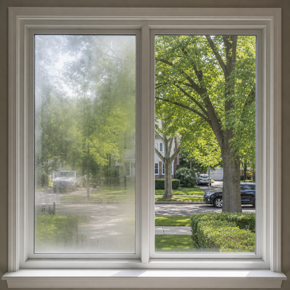 Split image of a residential window: left pane fogged from seal failure, right pane clear after insulated glass replacement