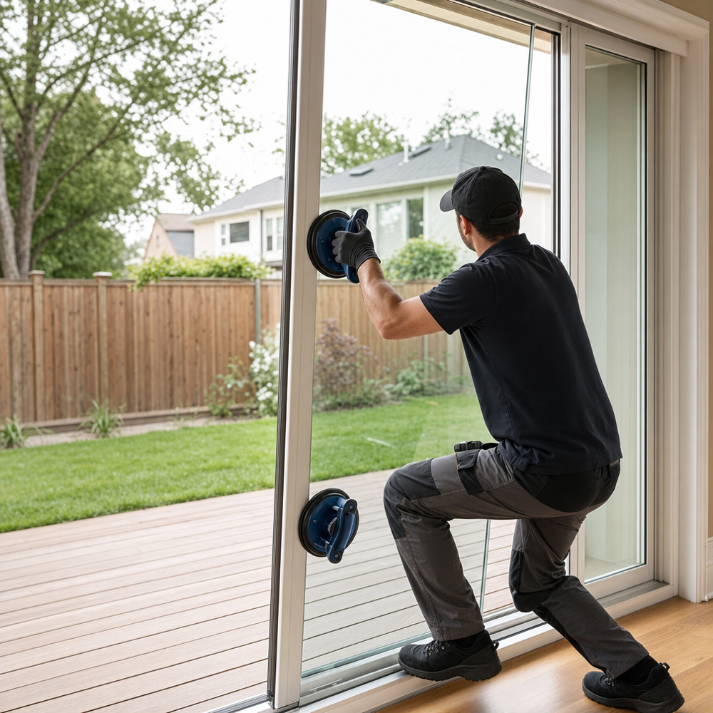Technician positioning a tempered glass panel into a sliding patio door using suction cups on a home’s backyard deck