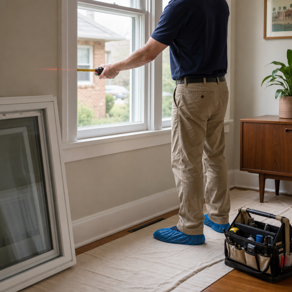 Residential window installer measuring a double-hung window opening inside a St. Louis brick bungalow with drop cloths and a laser tape measure.