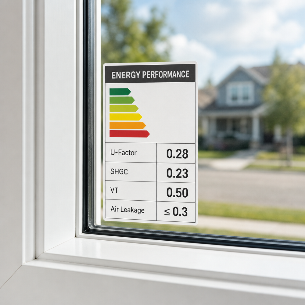 Close-up of a generic energy performance label on a new white vinyl window listing U-Factor 0.28, SHGC 0.23, VT 0.50, and Air Leakage ≤ 0.3.