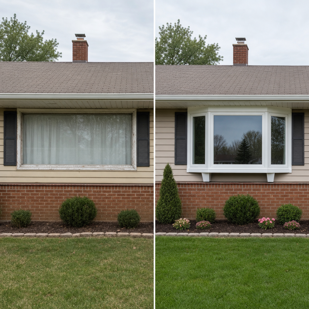 Before-and-after of a St. Louis ranch home: left shows an older flat picture window; right shows a new insulated bay window with white vinyl frame and clean exterior trim.