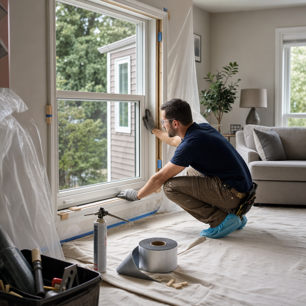 Window installer placing a custom replacement window into a prepared opening with shims and flashing tape, drop cloths on the floor, and shoe covers to protect a St. Louis living room.