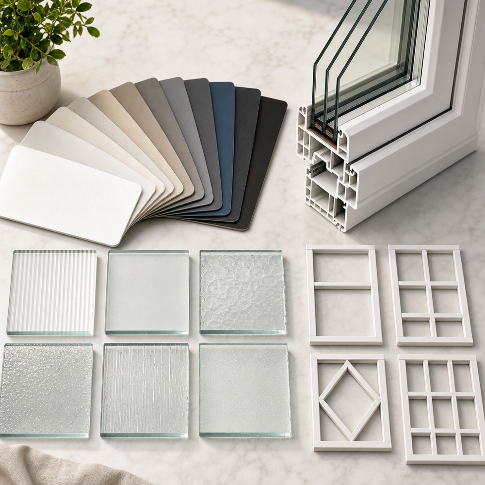 Showroom table displaying window color swatches, decorative and privacy glass samples, and grid pattern examples beside a corner-cut window sample.