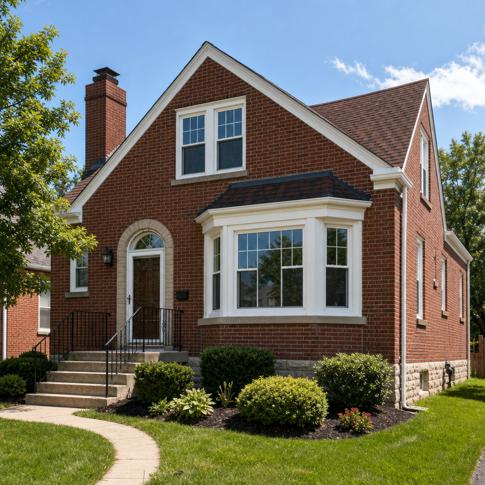 St. Louis red-brick home with newly installed white double-hung and bay windows
