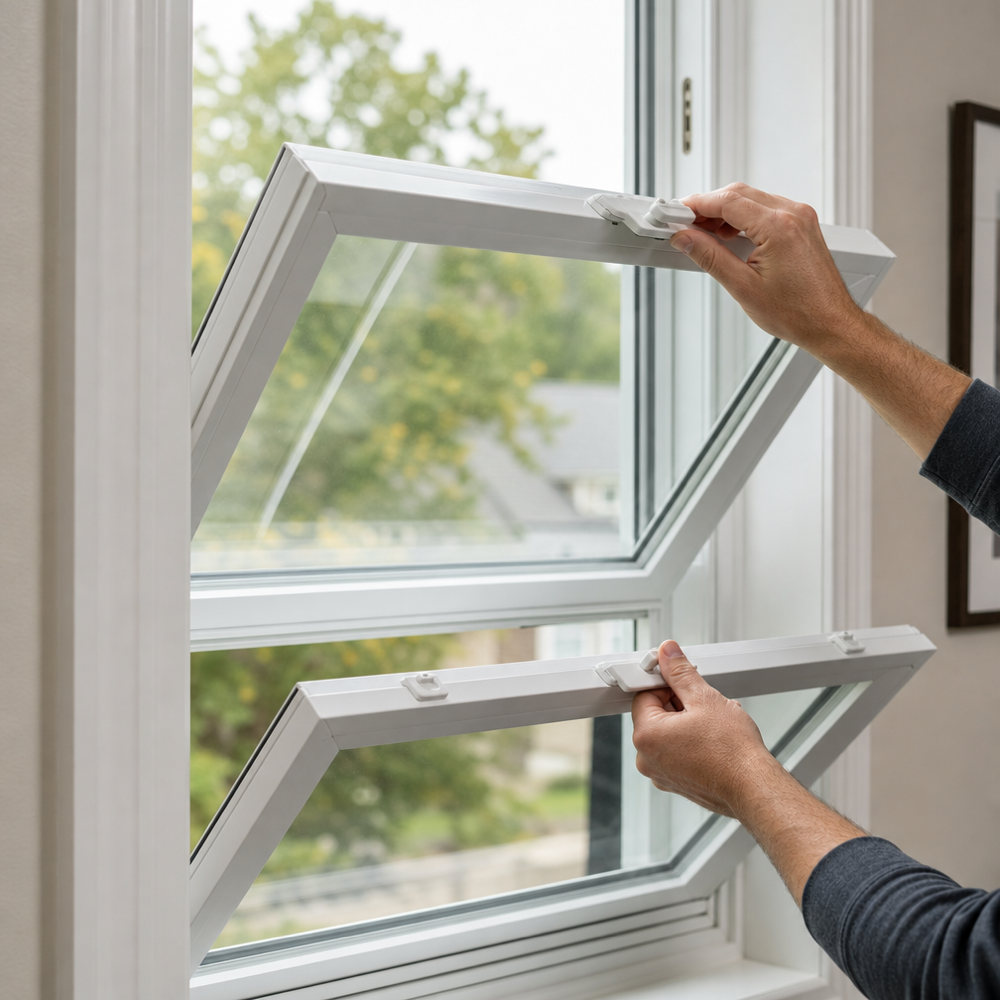 Homeowner tilts in a white vinyl double-hung window for easy cleaning