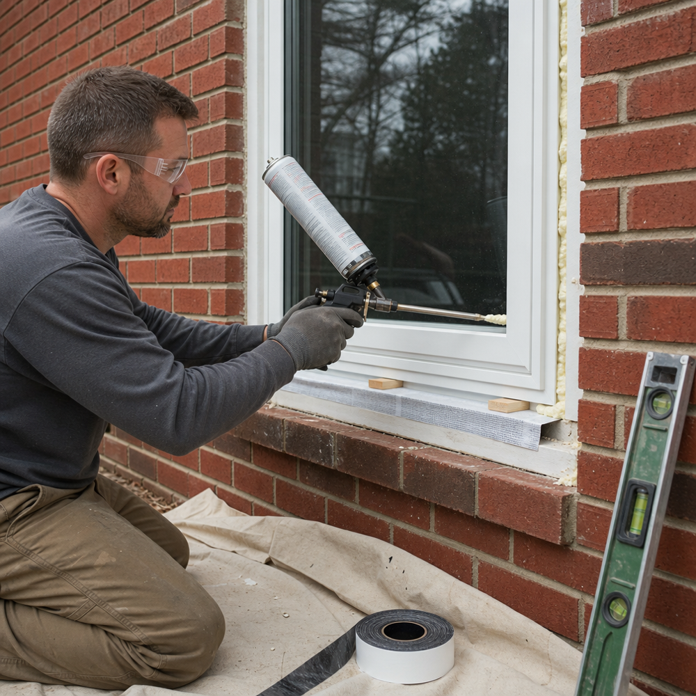 Professional installer sealing a replacement window in a brick wall with low-expansion foam and flashing tape