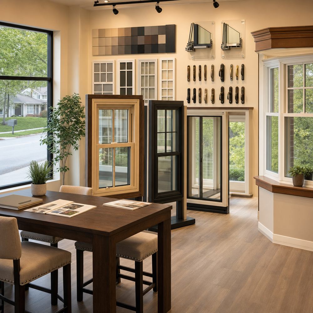 Window and door showroom with sample windows, color swatches, and hardware displays in Shrewsbury, MO