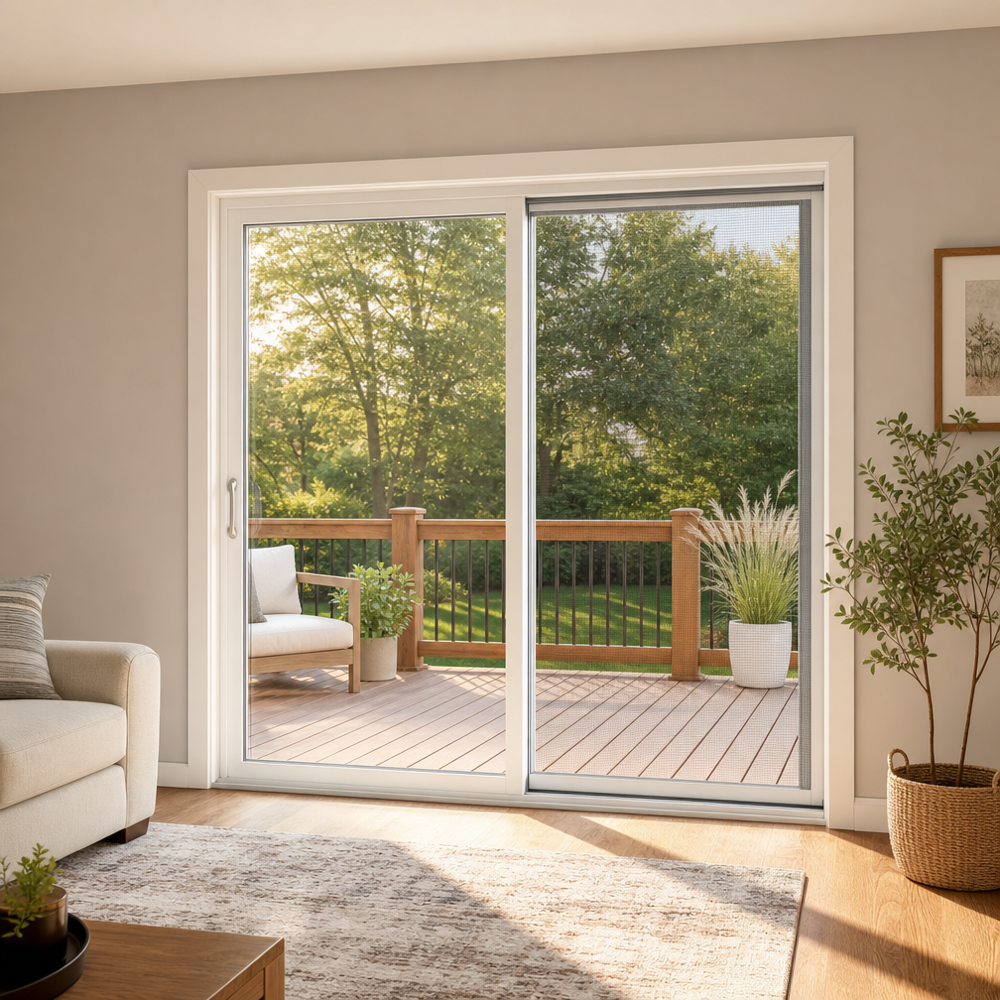 White 2-panel sliding glass patio door opening to a backyard deck in a St. Louis–area home, with Low‑E glass and a slim frame